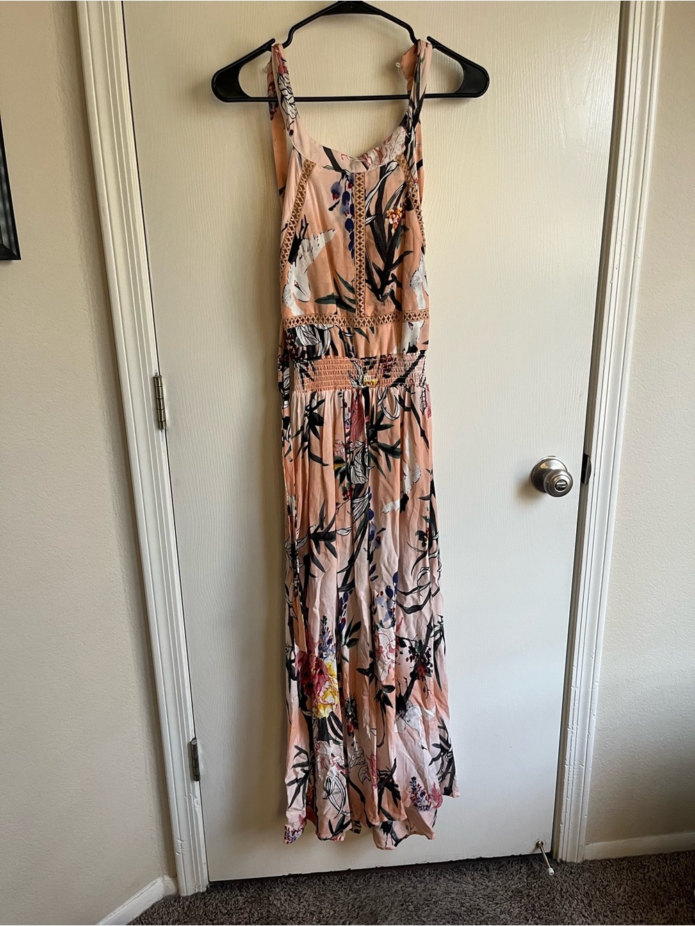 Jaase Peach Floral Maxi Dress with Smocked Waist and Tie Straps
